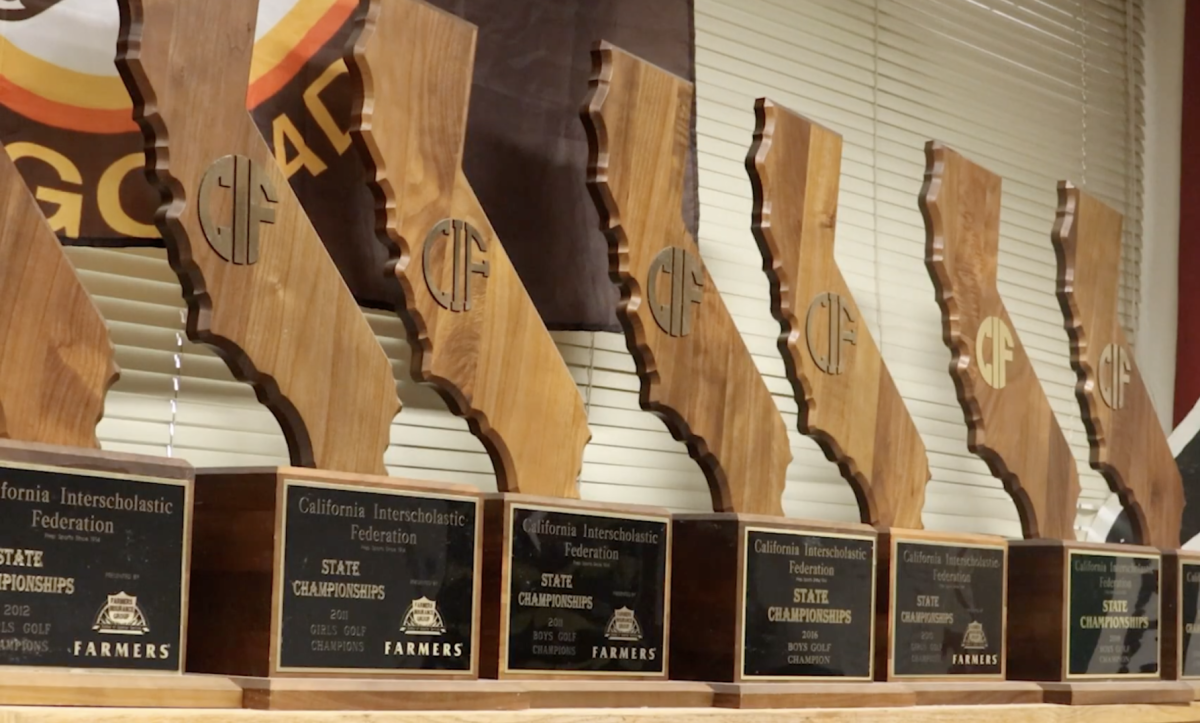 State championship trophies stand on golf coach, AP U.S. History and sociology teacher, Chris Drake's classroom mantel. The girls golf team won their sixth state championship this season. Photo courtesy of Katerina Wietfeldt.